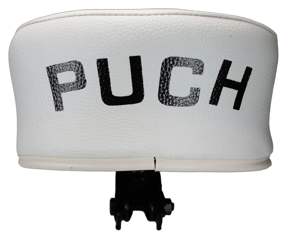Sattel / Sitz neuer Typ weiß mit " Puch-Schriftzug " für Puch Markenware