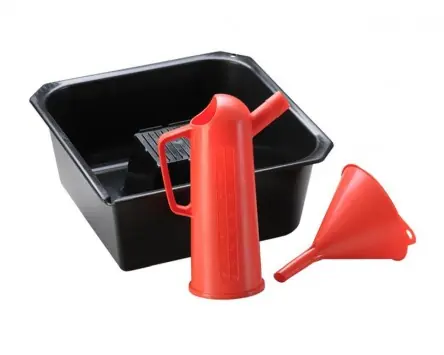 Ölwechsel Set HÜNERSDORFF 3-teilig, Ölablaßwanne, Trichter 140mm, Ölmaßgefäß 1000ml Universal, Roller, Motorrad, Moped, Quad, KFZ Aktuell